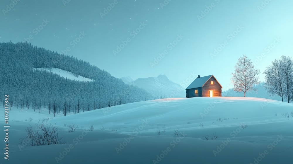 A small cabin with a glowing window sits on a snowy hillside against a backdrop of mountains and trees. A small cabin with a glowing window sits on a snowy hillside against a backdrop of mountains and trees.