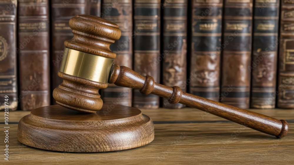 Elegant Wooden Gavel on Desk with Law Books Elegant Wooden Gavel on Desk with Law Books