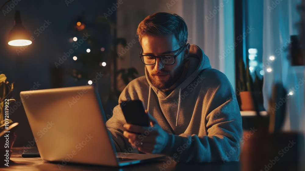 Focused Man Using Mobile Phone at Night Focused Man Using Mobile Phone at Night