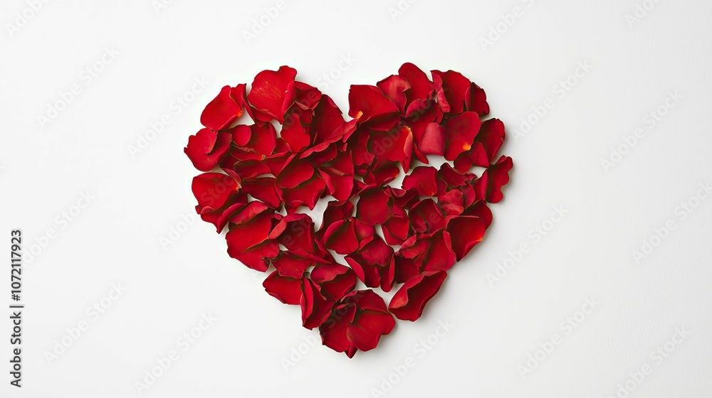 A heart shape created from vibrant red rose petals on a plain white background. A heart shape created from vibrant red rose petals on a plain white background.