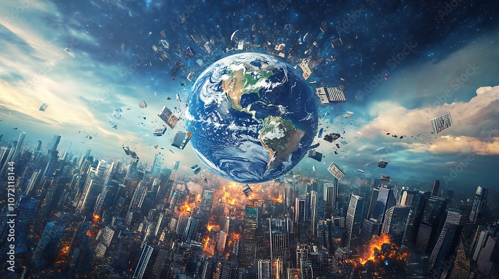 Obraz premium Earth Exploding Over a Cityscape with Fire and Debris Photo