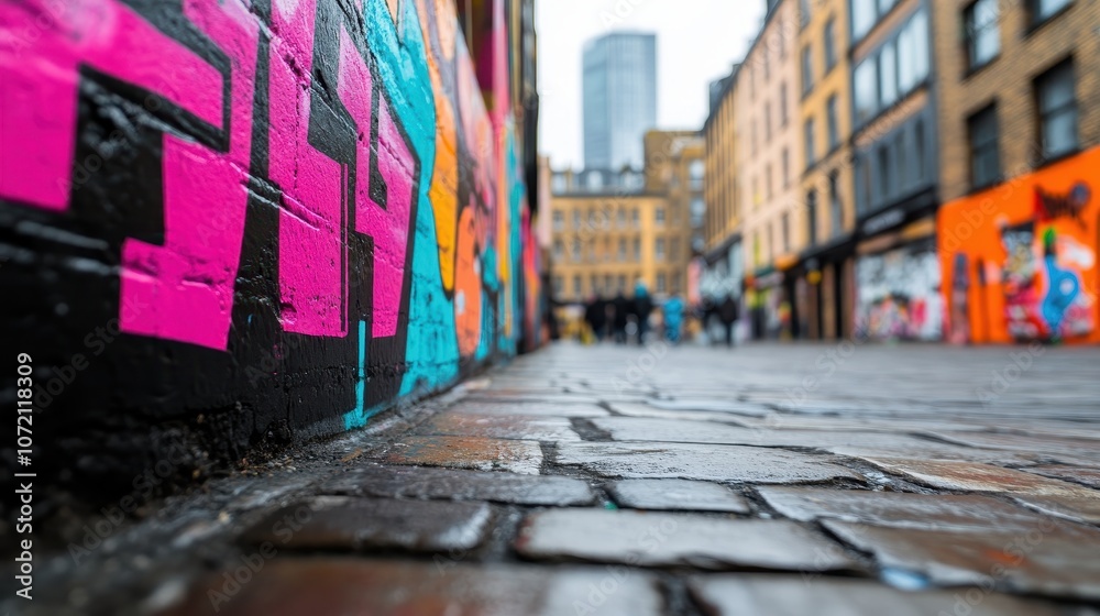 Naklejka premium A lively urban a narrow cobblestone alley adorned with vibrant graffiti in pink, blue, and orange. Wet cobblestones reflect the artwork, enhancing the atmosphere.