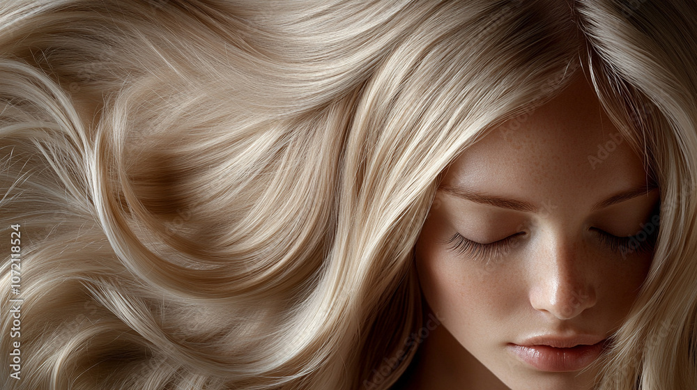Naklejka premium Close-up of blonde hair strands with warm, golden tones. This detailed texture captures the light and movement, symbolizing beauty, vitality, and the elegance of natural hair in a soft and radiant way