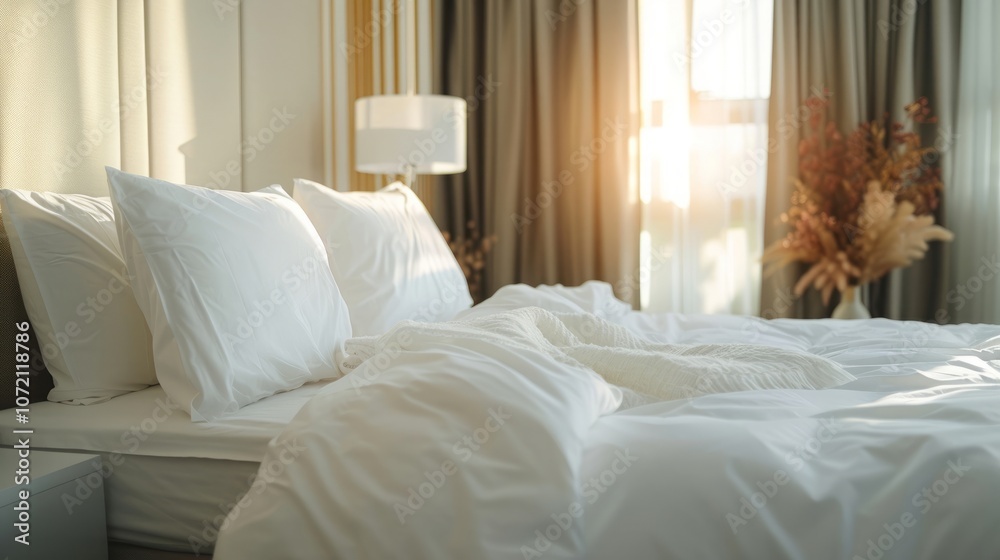 Empty bedroom, house and furniture for holiday, vacation and accommodation in hotel or apartment interior design. Bed, home and hospitality with white pillow, blanket and duvet for comfort or getaway Empty bedroom, house and furniture for holiday, vacation and accommodation in hotel or apartment interior design. Bed, home and hospitality with white pillow, blanket and duvet for comfort or getaway