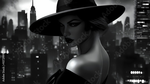Elegant femme fatale in black dress hat in a noir cityscape a sultry 3d illustration. Noir. Illustration