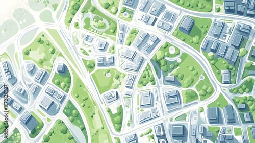 Aerial view of a city with parks, buildings, and roads.