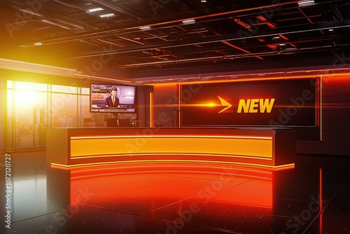 Breaking news flashing on a screen, with an anchor ready to deliver updates. photo