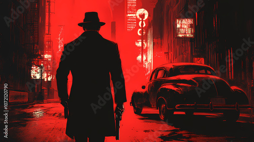 Fototapeta Naklejka Na Ścianę i Meble -  Generative ai old fashioned retro style gangster movie noir picture in dramatic scene moment. Noir. Illustration