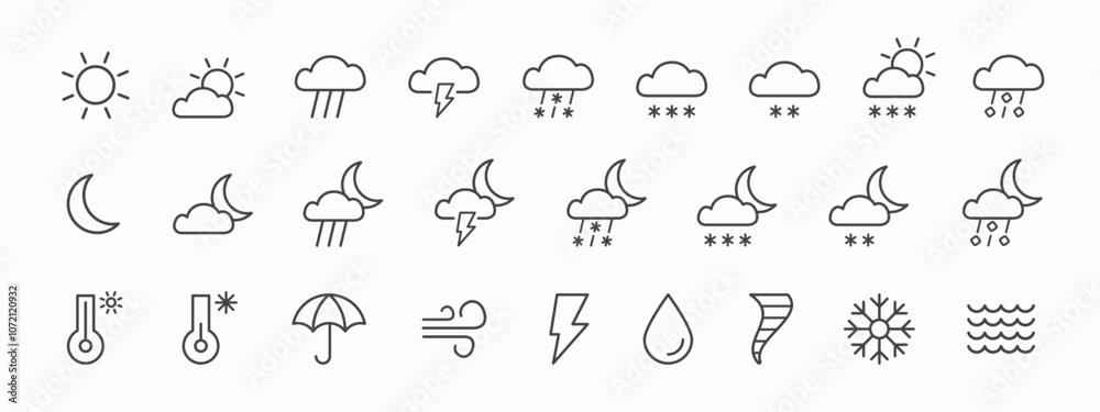 Fototapeta premium Weather flat line icons set isolated on white background. Clouds, wind, rain, sun, weather forecast, snow, moon, snowflakes and storm icon, infographic. Vector illustration