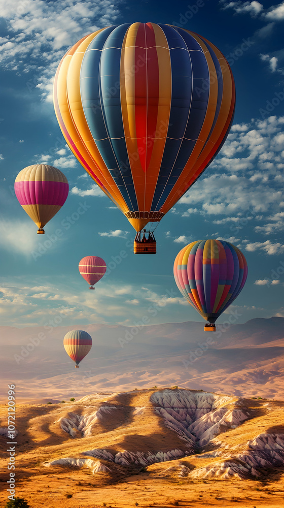 Fototapeta premium Colorful hot air balloons soar over a scenic landscape at sunset.