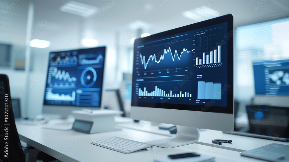 Innovative office with financial charts of bond transactions and developmental milestones Innovative office with financial charts of bond transactions and developmental milestones