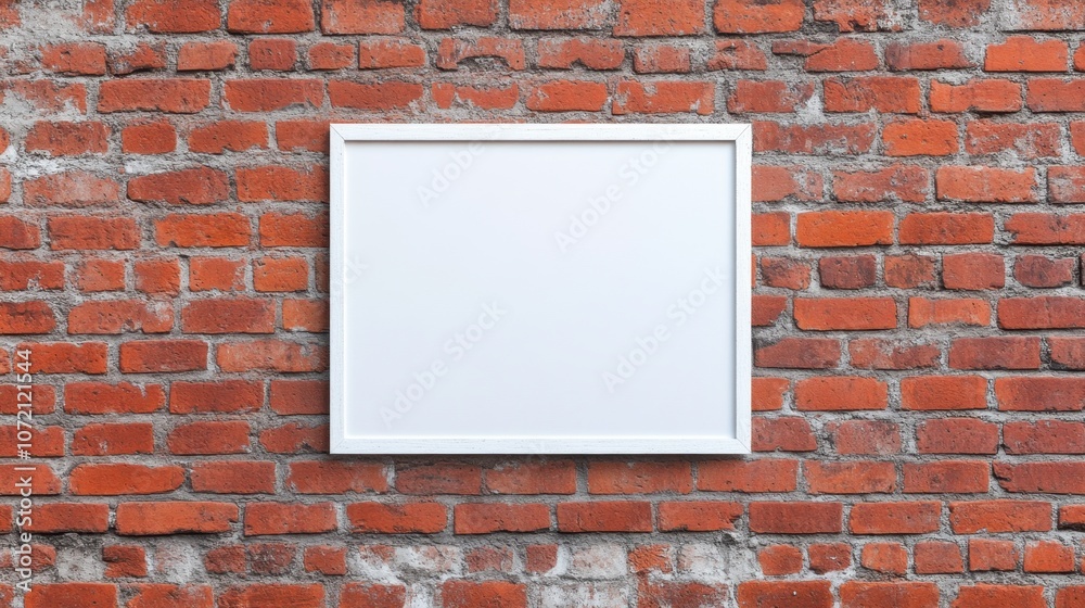 A blank white frame mounted on a textured red brick wall, ideal for displaying art or announcements. A blank white frame mounted on a textured red brick wall, ideal for displaying art or announcements.