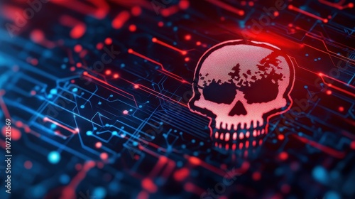 striking a vibrant pink skull against a backdrop of blue and red circuitry, symbolizing technology, danger, and cybersecurity in a networked environment. photo