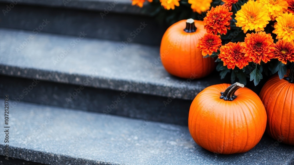 vibrant autumn-themed photo showcases three bright orange pumpkins on ...