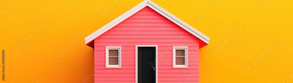 A bright pink house stands against a vibrant yellow background, showcasing a playful and modern design. A bright pink house stands against a vibrant yellow background, showcasing a playful and modern design.