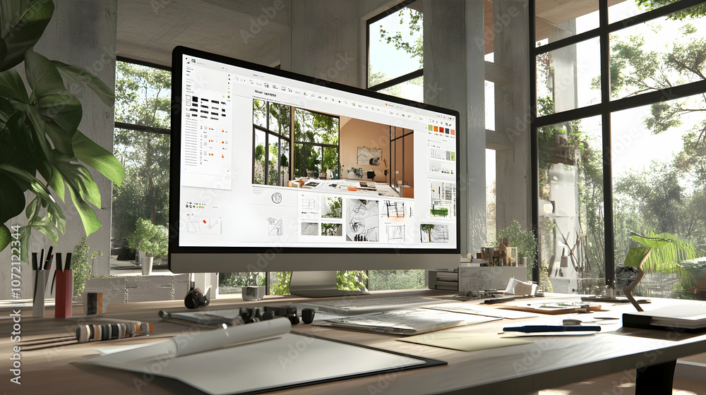 Modern workspace with computer showing interior design software. Modern workspace with computer showing interior design software.
