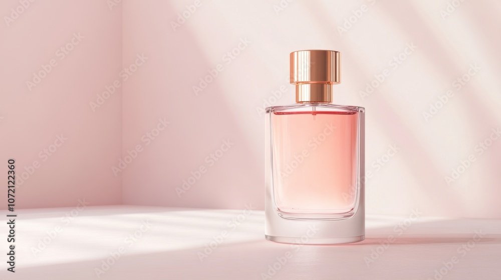Naklejka premium A stylish perfume bottle with a golden cap is displayed elegantly, featuring a soft pink liquid inside against a light background.