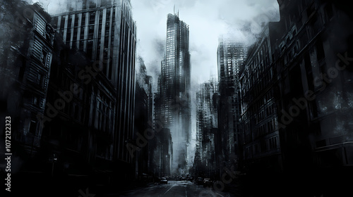 Gritty noir cityscape with towering skyscrapers and shadowy street misty cold sin city charcoal digital painting. Noir. Illustration