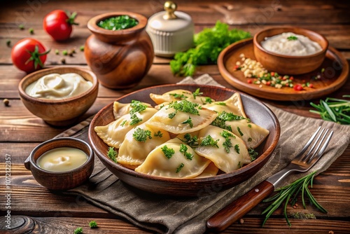 Appetizing Traditional Eastern European Dumplings Pierogi with Cheese Served on a Rustic Wooden Table Garnished with Fresh Herbs and Accompanied by Sour Cream