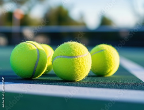 Four tennis balls are sitting on a tennis court photo