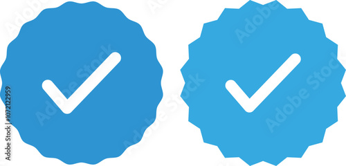 Blue check mark. Verified social media account icons. Approved profile sign. Tick in blue star, circle and rectangle.  Tiktok, Telegram, Whatsapp, Viber, Youtube, set verified profile badges. Check ma