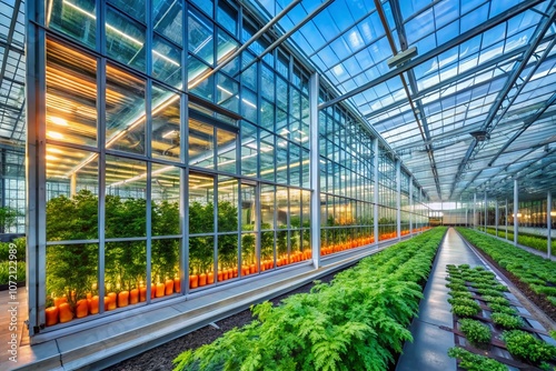 Architectural Photography of a Modern Greenhouse Showcasing Vibrant Carrots with Intricate Design Elements and Natural Light, Emphasizing Sustainable Urban Agriculture