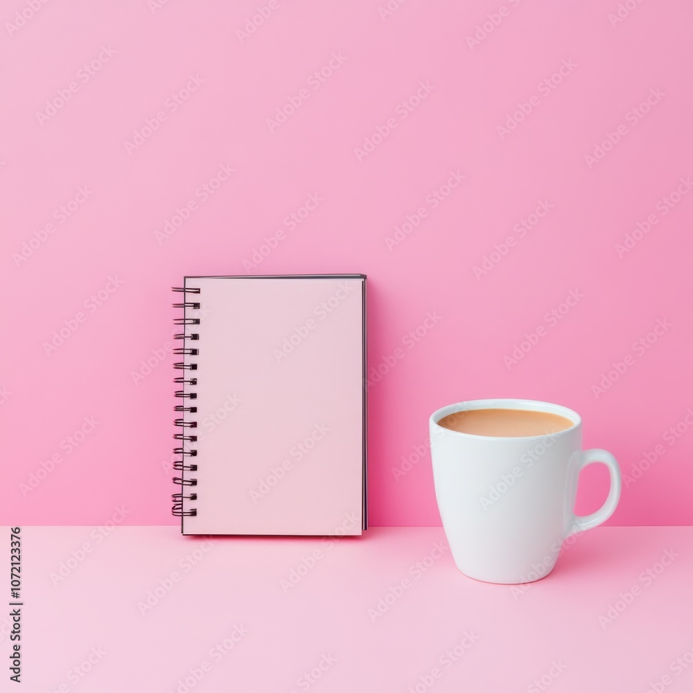 A minimalistic setup featuring a pink background, a blank notebook, and a white coffee cup, evoking a cozy and creative workspace atmosphere. A minimalistic setup featuring a pink background, a blank notebook, and a white coffee cup, evoking a cozy and creative workspace atmosphere.