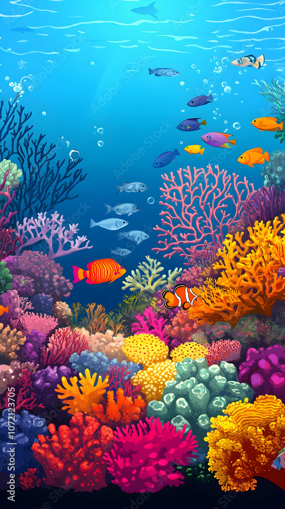 Naklejka premium Vibrant coral reef teeming with colorful fish in clear blue water.
