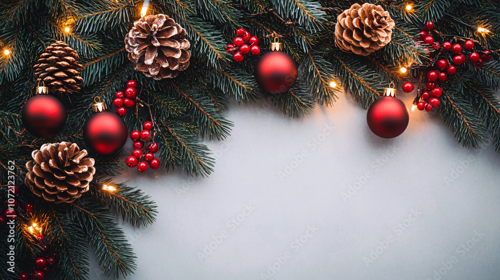 Cozy Christmas composition with festive pine branches, red ornaments, and soft lights, perfect for holiday cards, decorations, and seasonal marketing. Cozy Christmas composition with festive pine branches, red ornaments, and soft lights, perfect for holiday cards, decorations, and seasonal marketing.