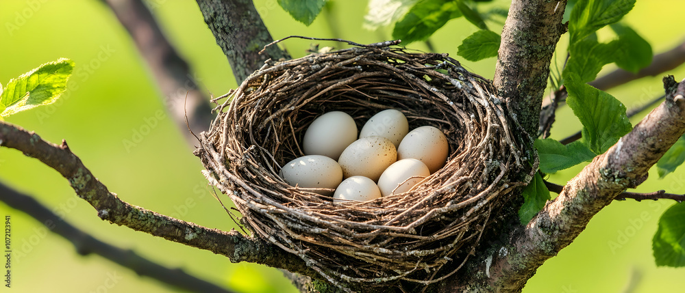 A bird's nest with five white eggs nestled in a woven bed of twigs, perched on a branch against a soft green backdrop. A bird's nest with five white eggs nestled in a woven bed of twigs, perched on a branch against a soft green backdrop.