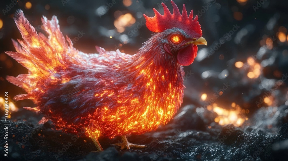 Fototapeta premium A fiery rooster with glowing eyes stands on a bed of glowing embers.