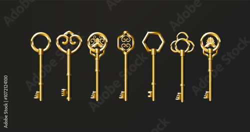 Set of golden vintage old keys.