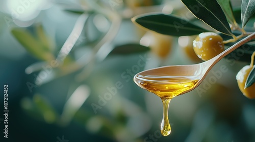 Spoonful of olive oil drips from a tree branch. The spoon is wooden and the oil is golden