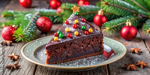 Wallpaper Mural A Festive Chocolate Cake Shaped Like a Christmas Tree, Decorated with Colorful Sprinkles and a Golden Star, Served on a Green Plate with Festive Decorations Torontodigital.ca