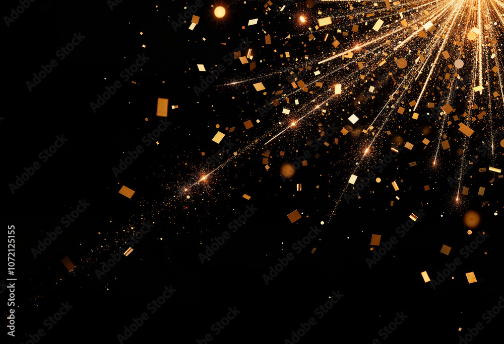 AI Images, Mix of golden firework and confetti on a black background, for New Year's Eve. AI Images, Mix of golden firework and confetti on a black background, for New Year's Eve.