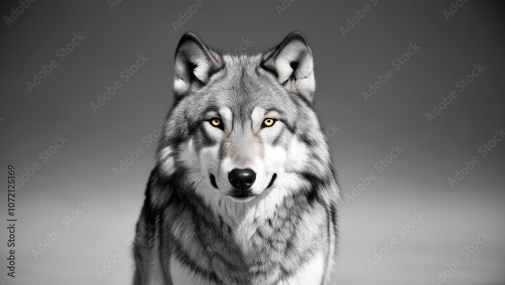 Fototapeta premium Front view of Wolf isolated on black background. Black and white portrait of wolf