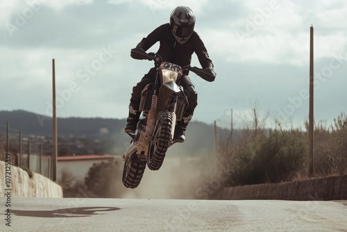 Motorcycle jump stunt rider performing aerial trick on dirt road photo