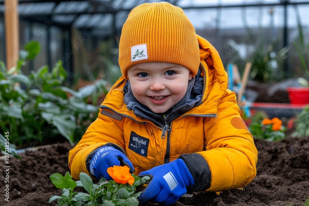 A gardener planting flowers in a bed, with soil and gardening tools in the background A gardener planting flowers in a bed, with soil and gardening tools in the background