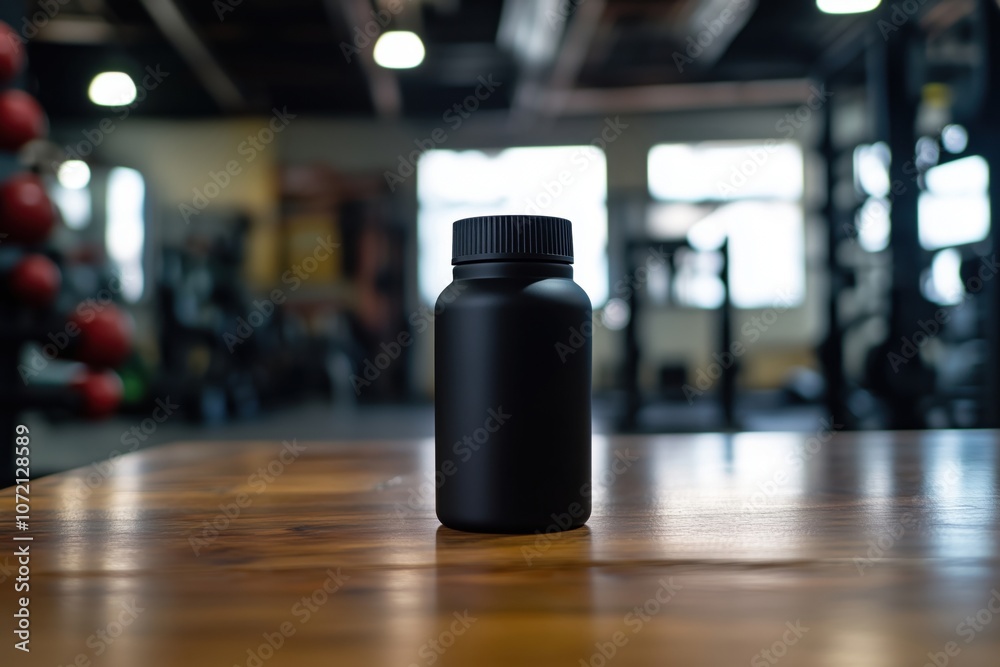 Black supplement bottle on wooden table in gym setting Black supplement bottle on wooden table in gym setting