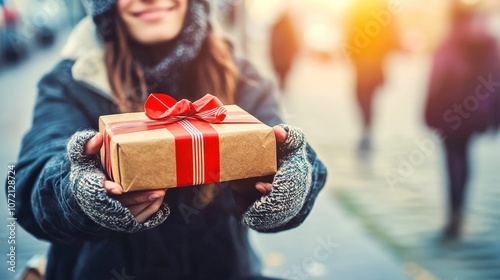 A cheerful person holding a beautifully wrapped gift, ready to bring joy during the holiday season. photo