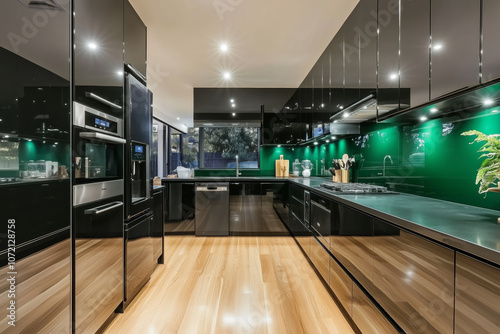 Sleek modern kitchen with glossy black cabinets, integrated appliances, and a bold accent wall in dark green for a dramatic effect. photo