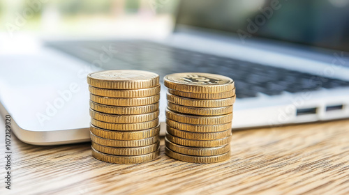 Stacked coins beside a laptop, Quick adjustments to improve short-term profitability in e-commerce. photo