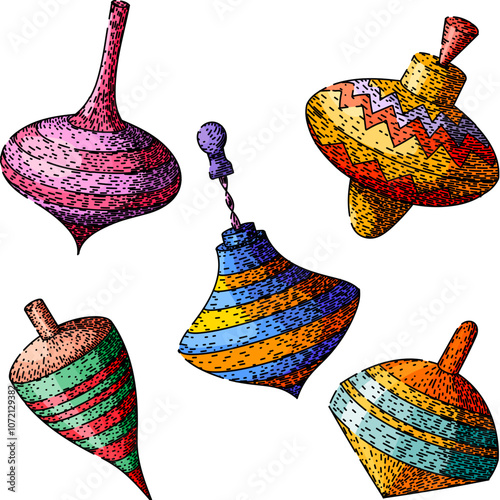 spinning top set hand drawn. rotation physics, motion axis, momentum friction spinning top vector sketch. isolated color illustration