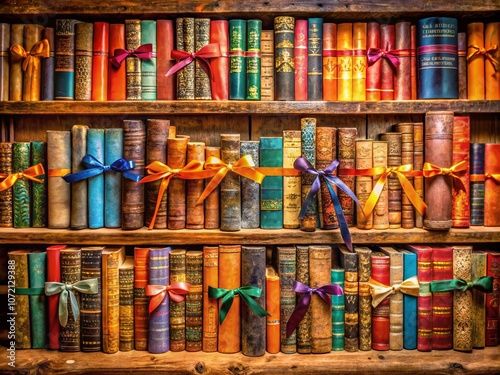 A Vibrant Display of Colorful Old Book Ribbon Markers Nestled Among Aged Books on a Wooden Shelf in a Cozy Library Setting, Evoking a Sense of Nostalgia and Literary Charm photo