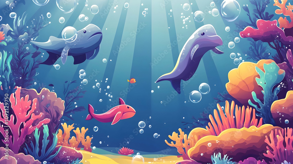 Fototapeta premium Underwater scene with a whale, a dolphin, and a small fish swimming over coral reef.