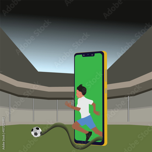 live sports event on your mobile device. soccer ball on football field in smartphone screen