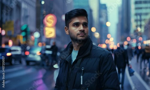 A businessman walking on the street in the city at night, looking serious but stylish, wearing glasses and casual fashion photo