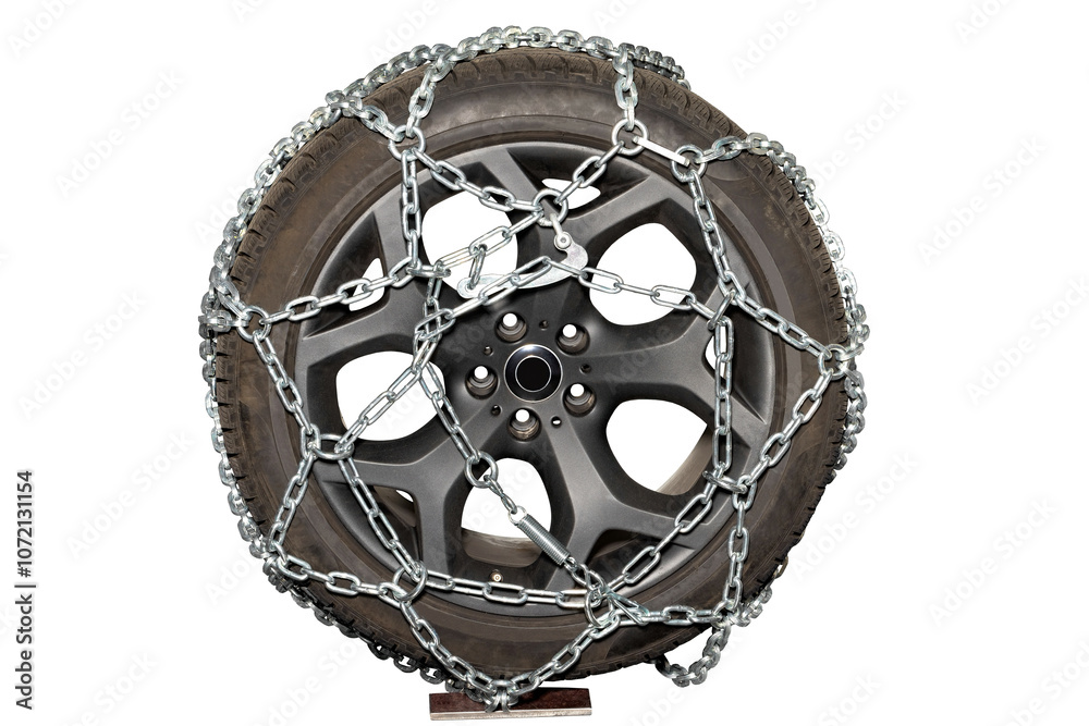A rugged tire wrapped in chains resting on a stand in a workshop for winter preparation, isolated on white background.