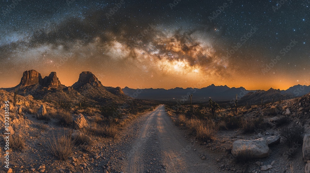 Obraz premium A dirt road leads through a desert landscape with a stunning view of the Milky Way.