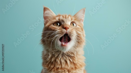 A ginger cat looking up with its mouth wide open